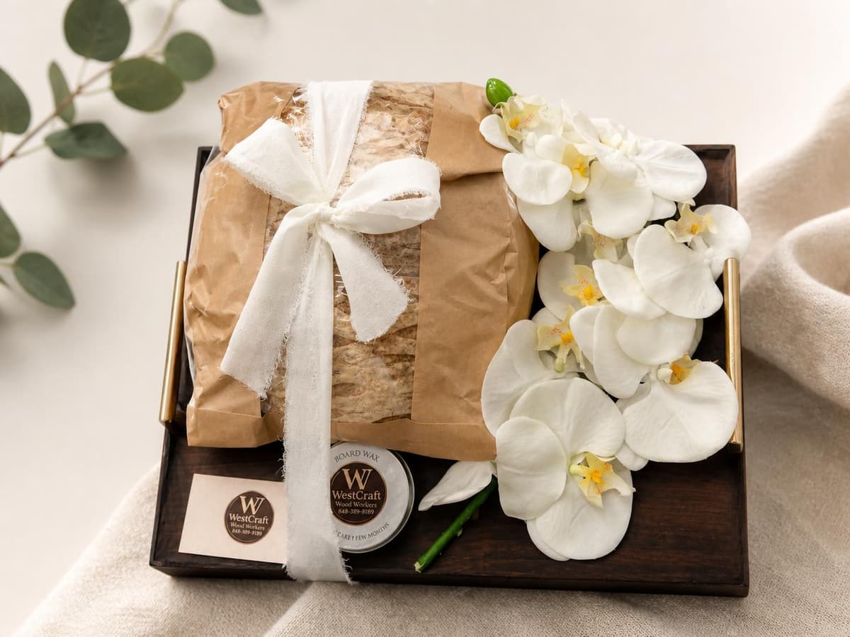 Close-up of a wrapped challah board gift with white orchids