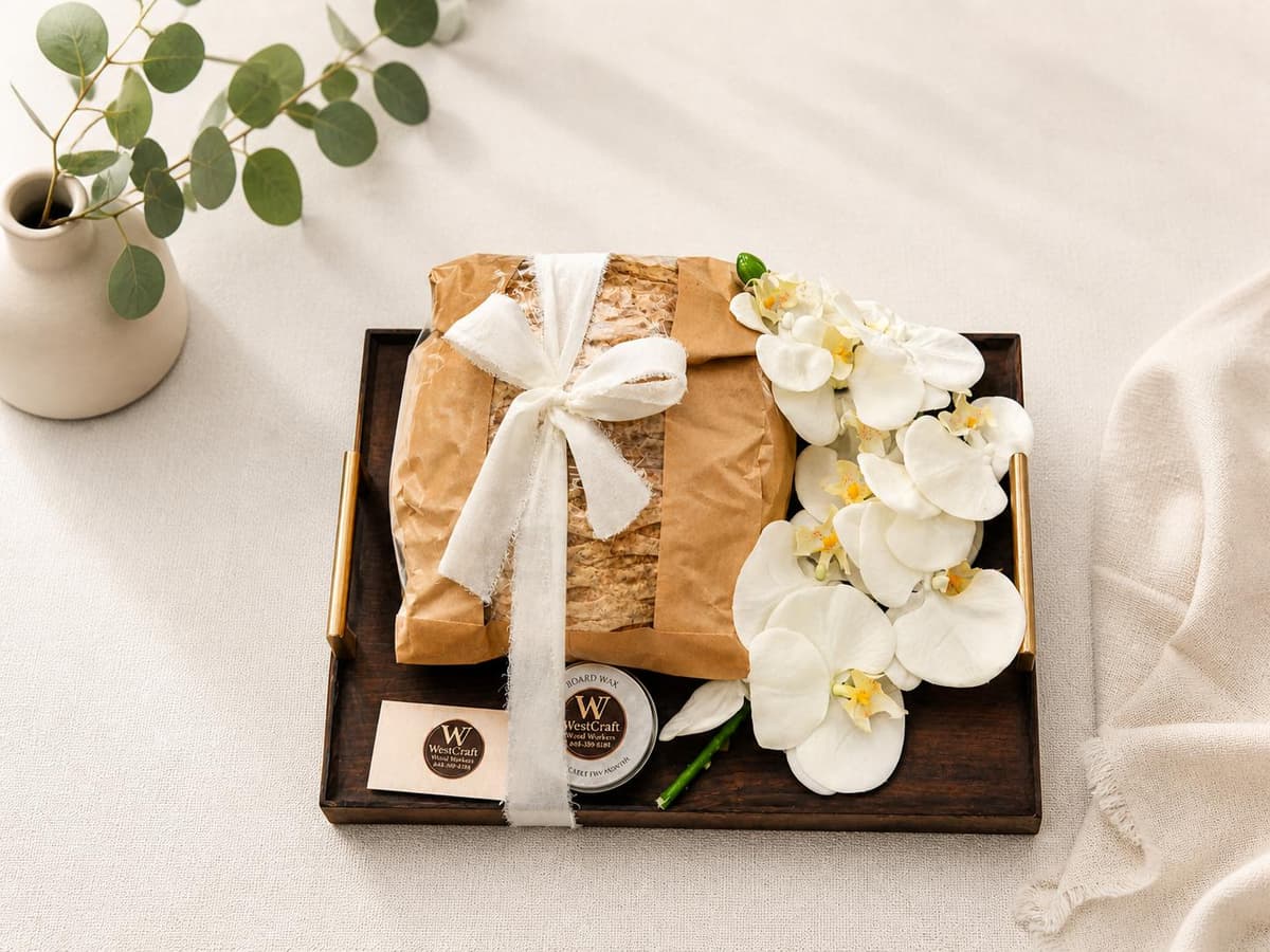 Wrapped challah board presented with white orchids and gift accessories