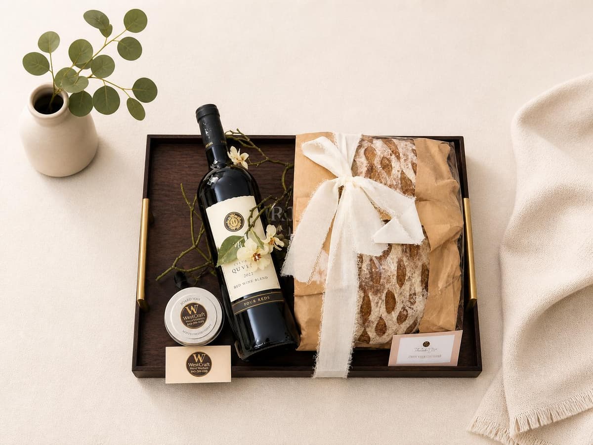 Gift-ready challah board presented with wine, wrapped bread, and a personalized card