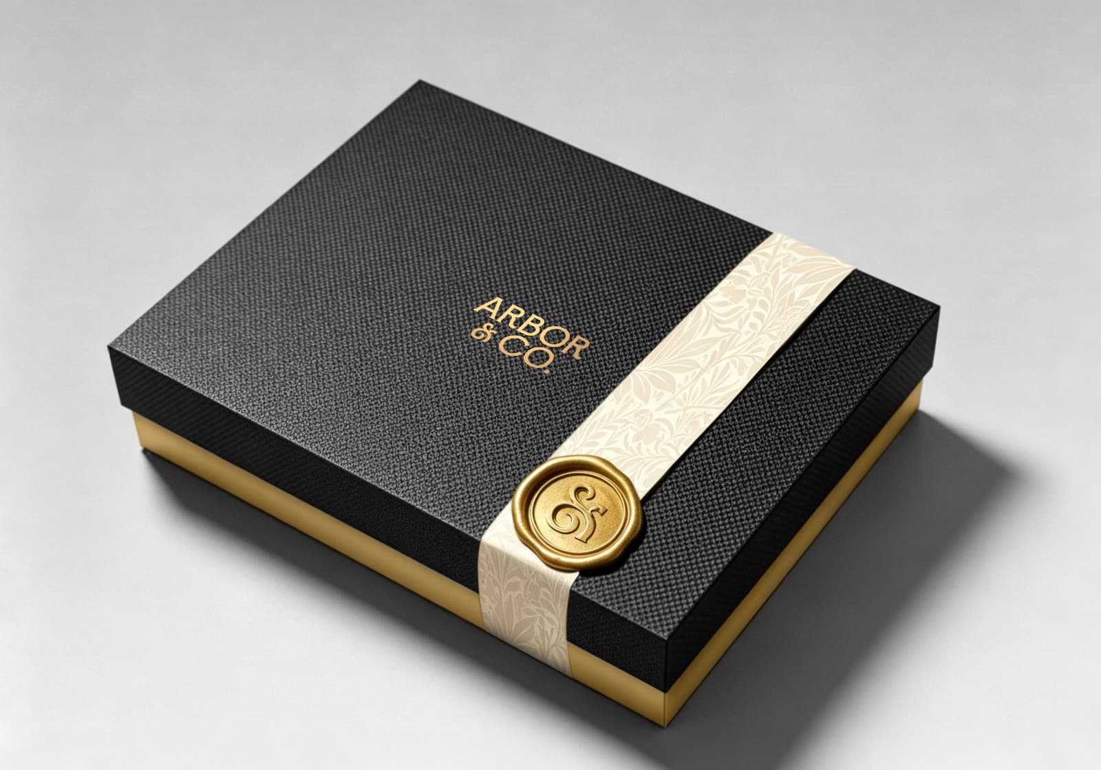 Arbor & Co. black and gold presentation gift box with ribbon and wax seal